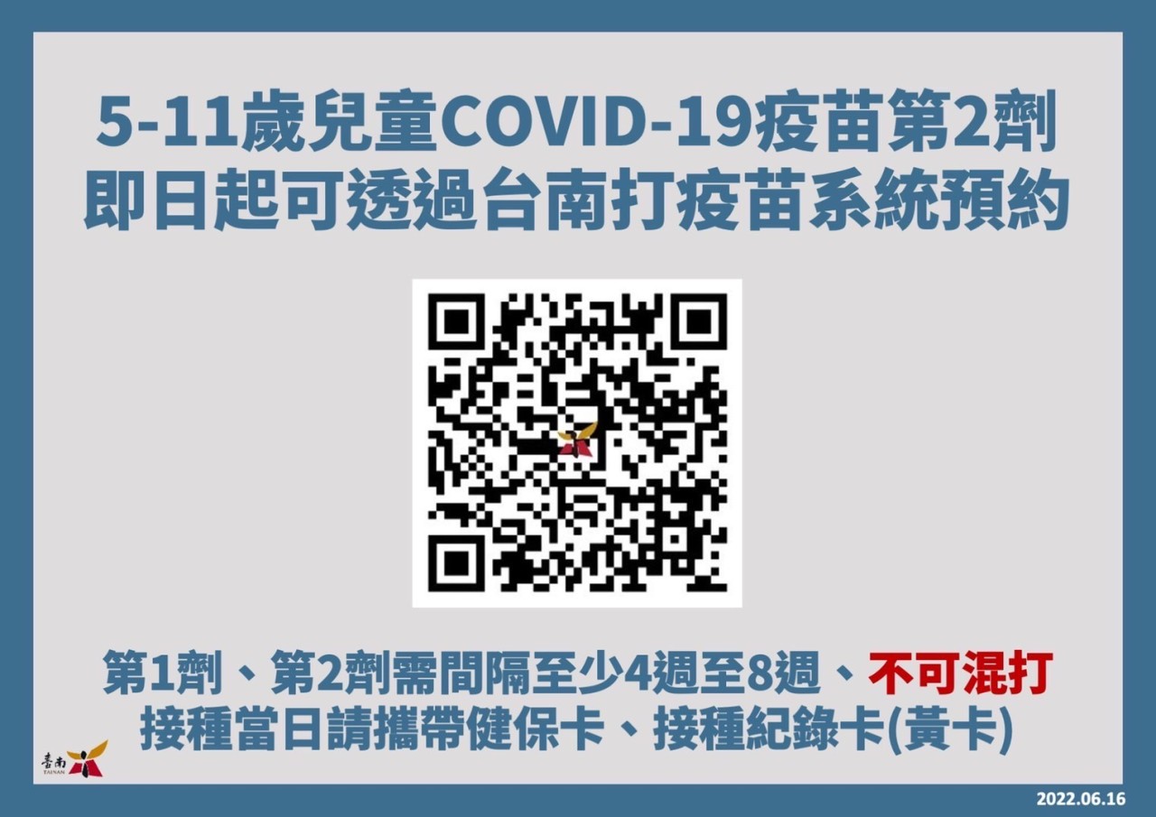 5-11歲兒童COVID-19疫苗第2劑即日起可透過台南打疫苗系統預約(不能混打!)