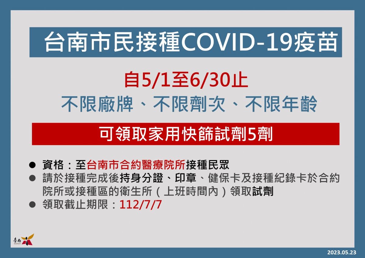 台南市民接種COVID-19疫苗可領取快篩試劑