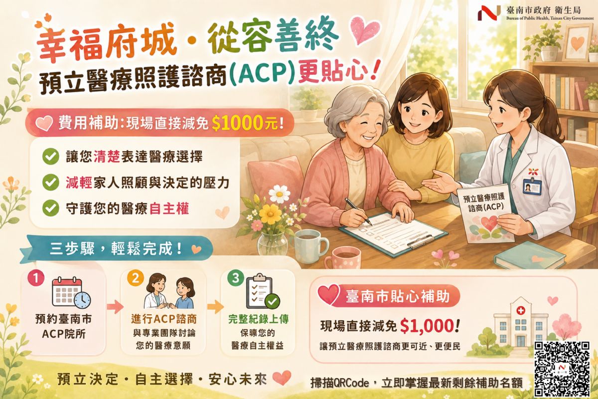 臺南補助預立醫療諮商1,000元,鼓勵簽署預立醫療決定!